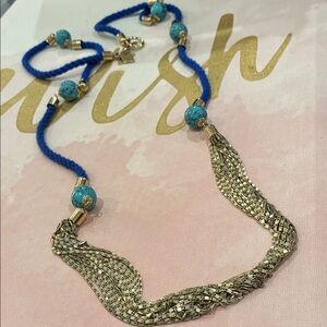 Chic Rich Gold Tone Faux Turquoise Blue Beaded And Elegant Blue Strand Necklace